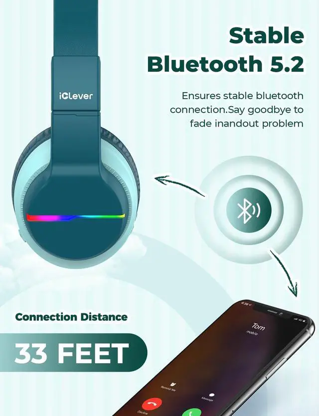 Alt view image 5 of 5 - iClever BTH12 Kids Bluetooth Headphones,Colorful LED Lights Wireless Kids Headphones,74/85dBA Safe Volume,85H Playtime,Bluetooth 5.2,Over Ear Headphones Built-in Mic for iPad/Tablet/Airplane,Green