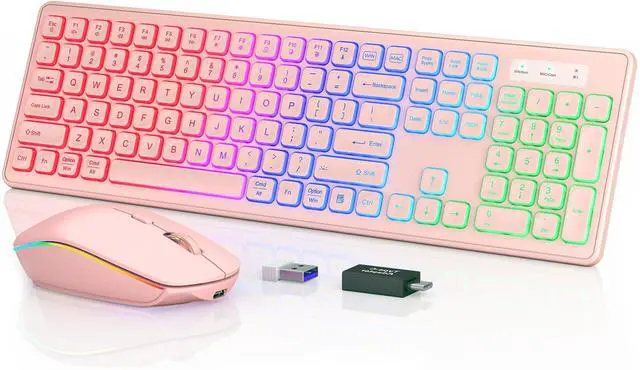 Main image of Wireless Keyboard and Mouse Combo - RGB Backlit, Rechargeable & Light Up Letters, Full-Size, Ergonomic Tilt Angle, Sleep Mode, 2.4GHz Quiet Keyboard Mouse for Mac, Windows, Laptop, PC, Trueque, Pink