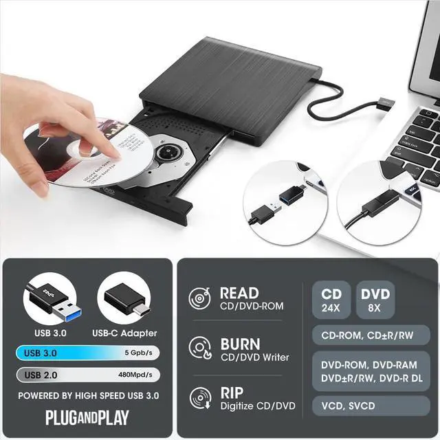 Alt view image 2 of 5 - ROOFULL External CD DVD Drive for Laptop, USB 3.0 Portable CD/DVD-ROM +/-RW Optical Disk Player Reader Writer Burner with Protective Carrying Case for Laptop PC Mac, Windows 11/10/8/7, Linux Computer