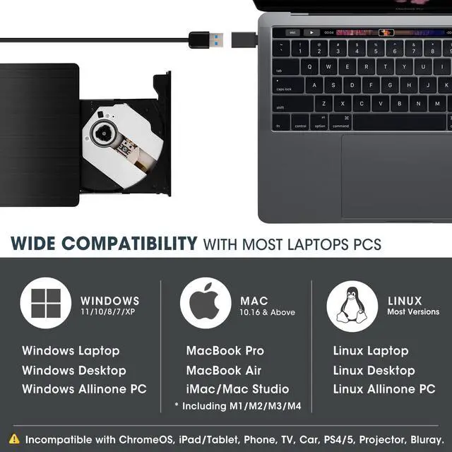Alt view image 4 of 5 - ROOFULL External CD DVD Drive for Laptop, USB 3.0 Portable CD/DVD-ROM +/-RW Optical Disk Player Reader Writer Burner with Protective Carrying Case for Laptop PC Mac, Windows 11/10/8/7, Linux Computer