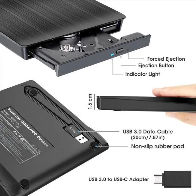 Alt view image 5 of 5 - ROOFULL External CD DVD Drive for Laptop, USB 3.0 Portable CD/DVD-ROM +/-RW Optical Disk Player Reader Writer Burner with Protective Carrying Case for Laptop PC Mac, Windows 11/10/8/7, Linux Computer