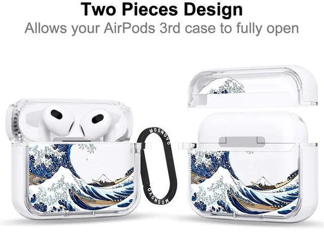Alt view image 2 of 5 - MOSNOVO for Airpods 3 Case, for Airpods 3 Cover, Great Wave Print Protective Clear Case with Shockproof Dual Layer Hard Luxe Metal Ring Designed for AirPods 3rd Generation