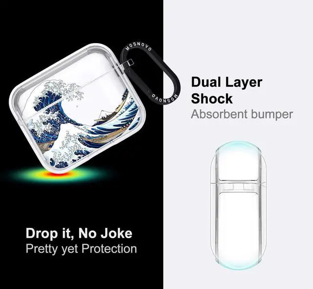 Alt view image 4 of 5 - MOSNOVO for Airpods 3 Case, for Airpods 3 Cover, Great Wave Print Protective Clear Case with Shockproof Dual Layer Hard Luxe Metal Ring Designed for AirPods 3rd Generation