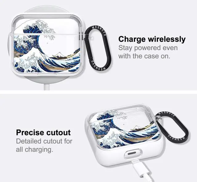 Alt view image 5 of 5 - MOSNOVO for Airpods 3 Case, for Airpods 3 Cover, Great Wave Print Protective Clear Case with Shockproof Dual Layer Hard Luxe Metal Ring Designed for AirPods 3rd Generation