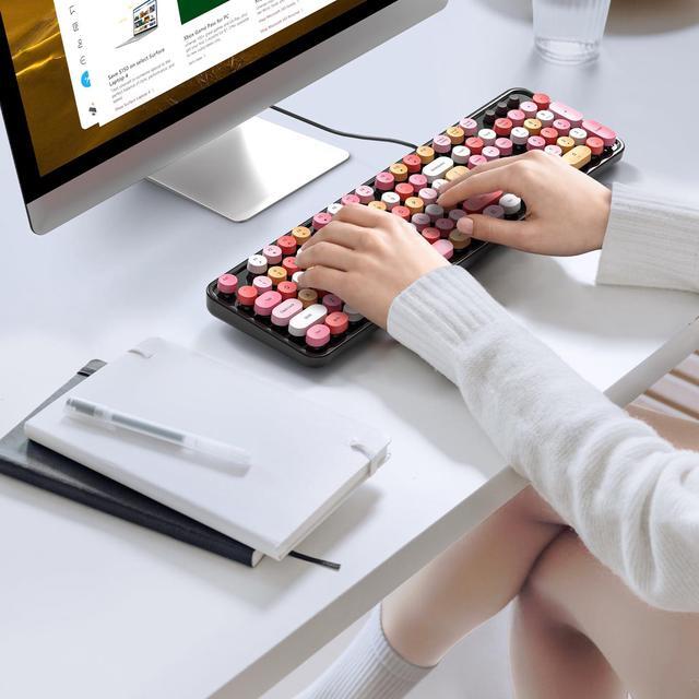 Alt view image 3 of 5 - KNOWSQT Wired Computer Keyboard - Black Colorful Full-Size Round Keycaps Typewriter Cute Keyboards for Windows, Laptop, PC, Desktop, Computer