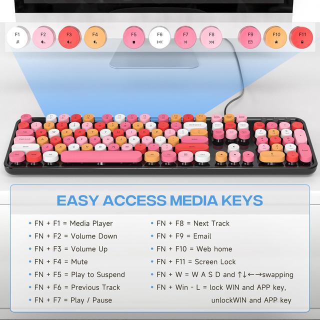 Alt view image 5 of 5 - KNOWSQT Wired Computer Keyboard - Black Colorful Full-Size Round Keycaps Typewriter Cute Keyboards for Windows, Laptop, PC, Desktop, Computer