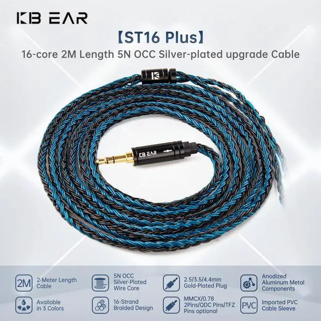 Alt view image 3 of 5 - 6ft+/2Meter Long IEM Cable QDC 3.5mm, KBEAR ST16 Plus 16-Strand Silver-Plated Upgrade Braided Headphone Extension Cable Gold-Plated Plug for KZ edx pro/Castor/DQS/ZAS/AS16/AS16 PRO/PR1