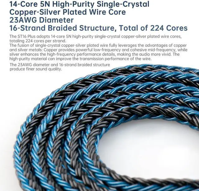 Alt view image 5 of 5 - 6ft+/2Meter Long IEM Cable QDC 3.5mm, KBEAR ST16 Plus 16-Strand Silver-Plated Upgrade Braided Headphone Extension Cable Gold-Plated Plug for KZ edx pro/Castor/DQS/ZAS/AS16/AS16 PRO/PR1