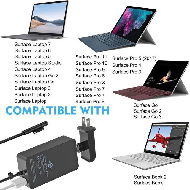 Alt view image 3 of 5 - 65W Surface Pro Laptop Charger for Microsoft Surface Pro 10 9 8 7+ X 7 6 5 4 3, Windows Surface Laptop 7 6 5 Studio 4 Go 3 2, Surface Go Tablet, Surface Book 2 1, Support 44W 36W, 10.1FT, Travel Case