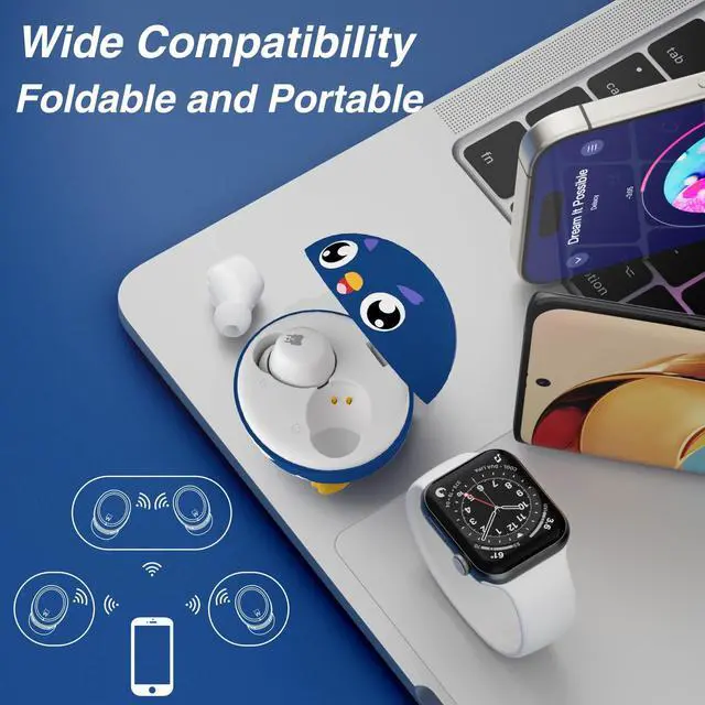 Alt view image 3 of 5 - Penguins Kids Bluetooth Headphones with Mic, 85dB Volume Limited, 30Hrs Playtime, Waterproof, Touch Control, Wireless Earbuds for Small Ears, School/Tablet