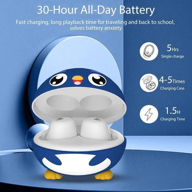 Alt view image 2 of 5 - Penguins Kids Bluetooth Headphones with Mic, 85dB Volume Limited, 30Hrs Playtime, Waterproof, Touch Control, Wireless Earbuds for Small Ears, School/Tablet