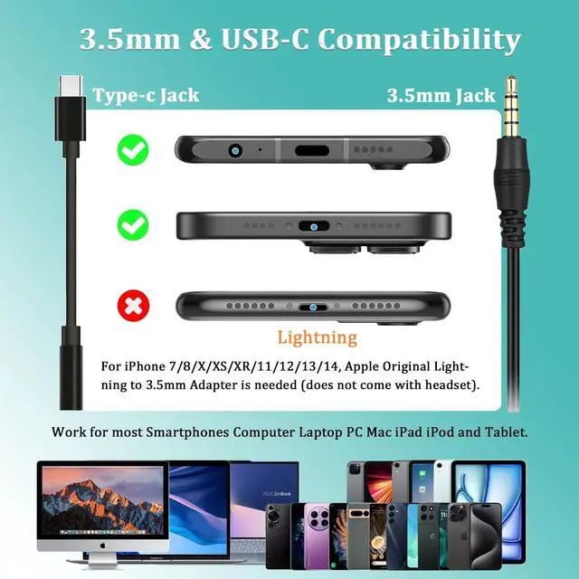 Alt view image 3 of 5 - 3.5mm Jack Cell Phone Headset with Microphone Noise Cancelling for PC Laptop, Wired Computer Headphones for iPhone Android Zoom Home Office Work School Classroom, in-line Control, Comfort-Fit