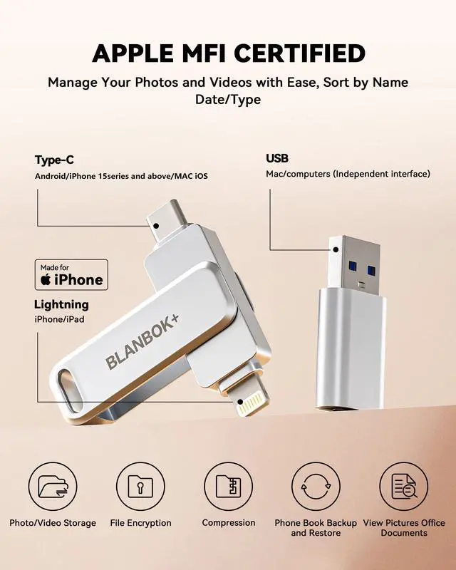 Alt view image 2 of 5 - MFi Certified 128GB Flash Drive for iPhone Photo Stick, USB Thumb Drive Memory Stick High Speed USB Drive Photo Storage for iPhone Flash Drive Compatible for iPhone/iPad/Android/PC