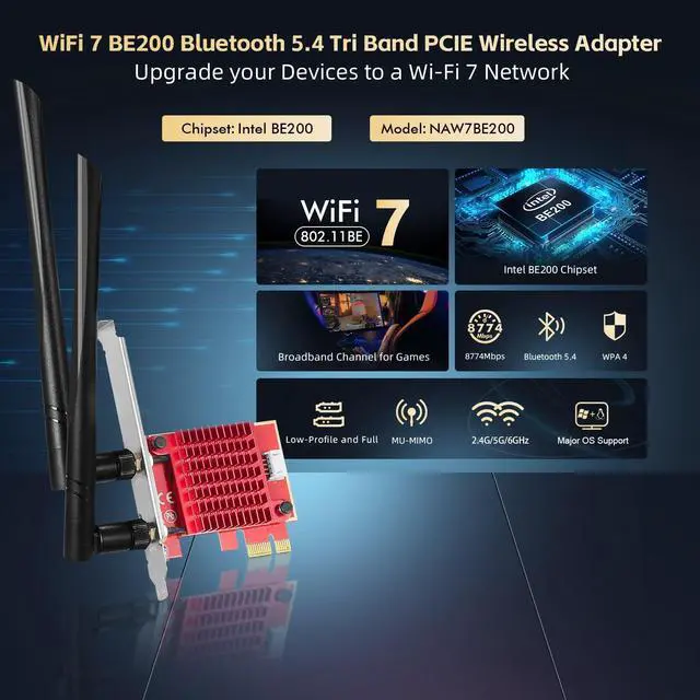 Alt view image 2 of 5 - Binardat WiFi7 Card BE200 PCIe WiFi Network Adapter, Intel BE200NGW Chip Bluetooth 5.4, 8774Mbps Tri-Band 2.4GHz/5GHz/6GHz OFDMA & MU-MIMO, for Windows 10/11