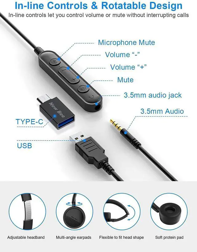 Alt view image 5 of 5 - New bee USB Headset with Mic for PC, On-Ear Computer Laptop Headphones with Noise Cancelling Microphone & USB-C Adapter for Home Office Online Class Skype Zoom (Black)