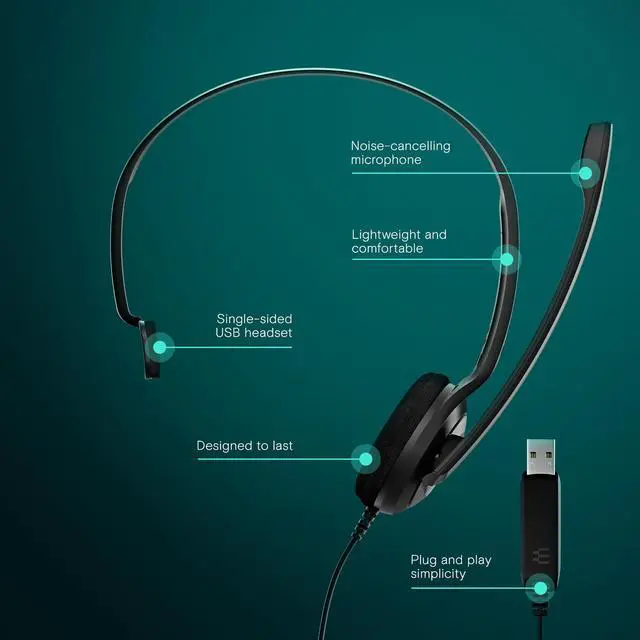 Alt view image 2 of 5 - EPOS PC 7 USB Wired Headset - Lightweight Noise-Cancelling Boom Mic, Wideband Audio, Plug-and-Play USB-A, Crystal-Clear Calls for Skype, Zoom & Teams - Compatible with Windows, macOS, Chromeboo, Black
