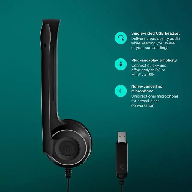 Alt view image 3 of 5 - EPOS PC 7 USB Wired Headset - Lightweight Noise-Cancelling Boom Mic, Wideband Audio, Plug-and-Play USB-A, Crystal-Clear Calls for Skype, Zoom & Teams - Compatible with Windows, macOS, Chromeboo, Black