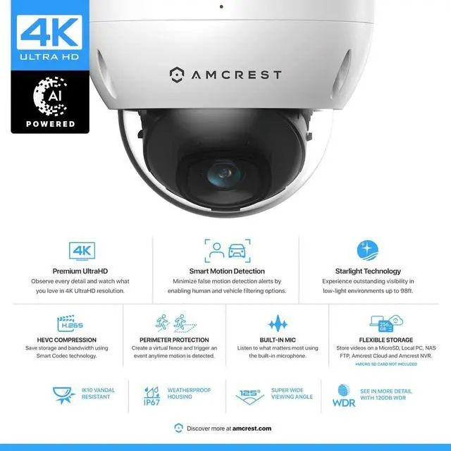 Alt view image 2 of 5 - Amcrest UltraHD 4K (8MP) Outdoor Security PoE IP Camera, 3840x2160, 98ft NightVision, 2.8mm Lens, IP67 Weatherproof, IK10 Vandal Resistant Dome, MicroSD Recording, White (IP8M-2493EW-AI-V3)