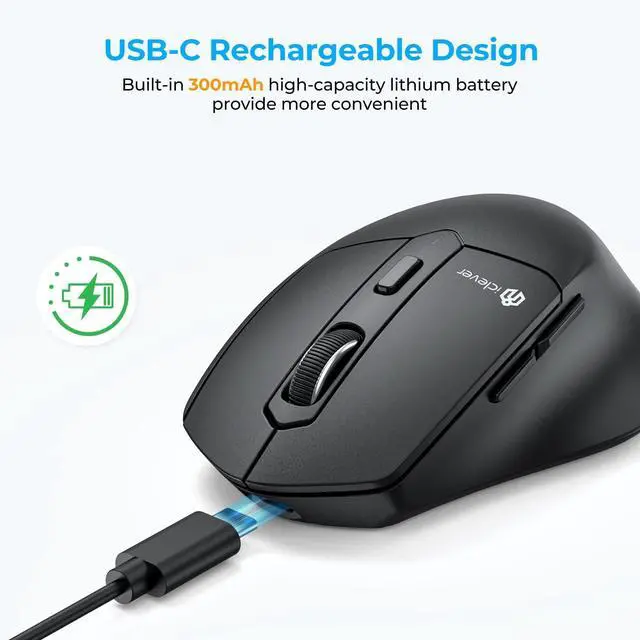 Alt view image 3 of 5 - iClever MD360 Ergonomic Bluetooth Mouse with Mouse Jiggler, Wireless Rechargeable Mouse for 3 Devices (BT/2.4G), 4 DPI Settings, Compatible with iPad, Mac, PC