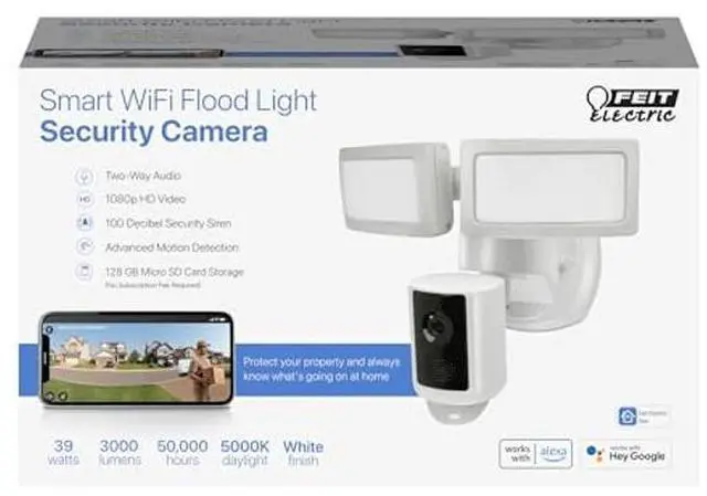 Alt view image 2 of 5 - Feit Electric SEC3000/CAM/WIFI Outdoor LED Smart Security Camera with Motion Sensor, 2-Way Audio, 39-Watt Floodlight, Works with Alexa and Google Asst, Alarm, Hardwired, 128 GB Micro SD Card Storage