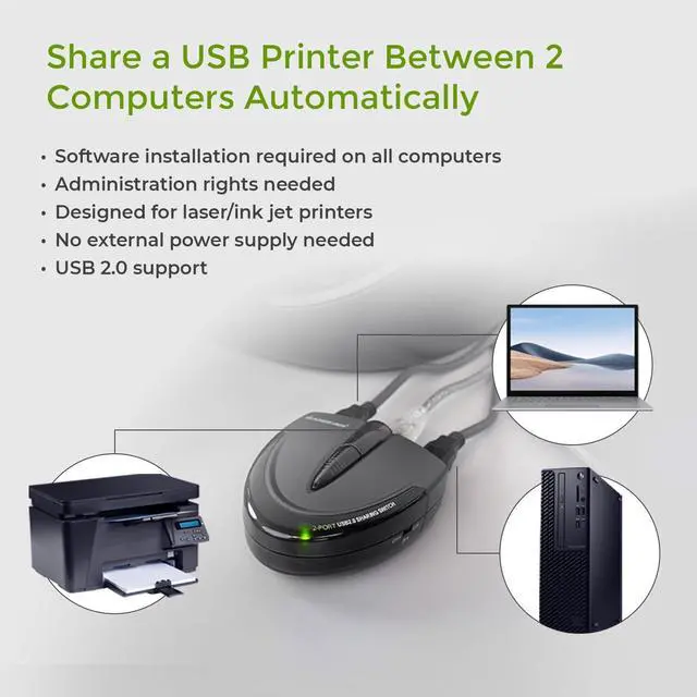 Alt view image 4 of 5 - IOGEAR 2 Port USB 2.0 Switch - Auto Printer Switch - Manually or Auto Control - LEDs Indicate - Plug n Play - GUB231