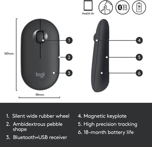 Alt view image 5 of 5 - Logitech Pebble i345 Wireless Bluetooth Mouse for iPad - Graphite