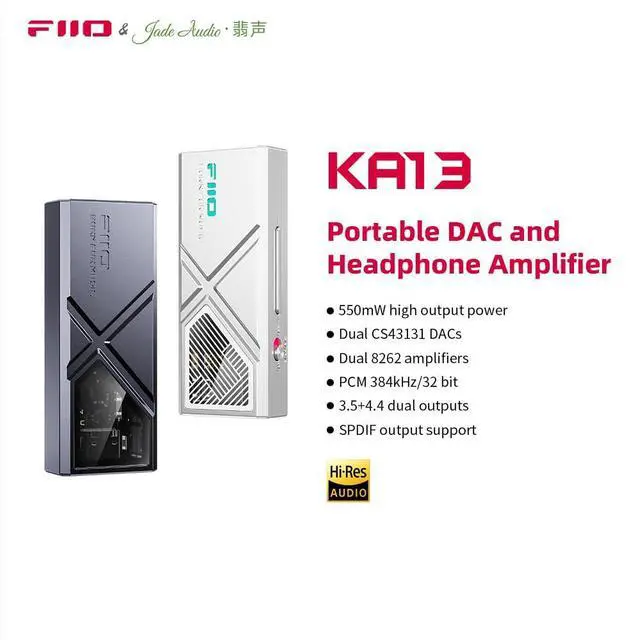 Alt view image 2 of 5 - FiiO/JadeAudio KA13 Portable DAC Dongle, USB-C Adapter, 3.5mm and 4.4mm Outputs Compatible with Android/iOS System/PC/Music Players, PCM 384kHz/32bit | DSD256 550mW high Power (Black)