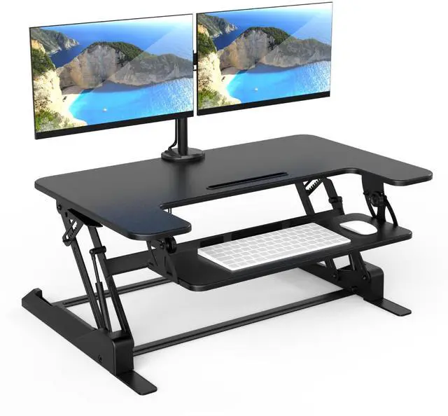 Main image of Mount-It! Standing Desk Converter Dual Monitor, 2 Screen Mounts Included, Height Adjustable Desk Riser in Black, Stand Up Desk Convertor Large 36" Wide, Sit Stand Convertor with Manual Lift Gas Spring