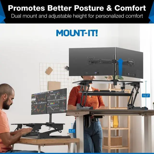 Alt view image 2 of 5 - Mount-It! Standing Desk Converter Dual Monitor, 2 Screen Mounts Included, Height Adjustable Desk Riser in Black, Stand Up Desk Convertor Large 36" Wide, Sit Stand Convertor with Manual Lift Gas Spring