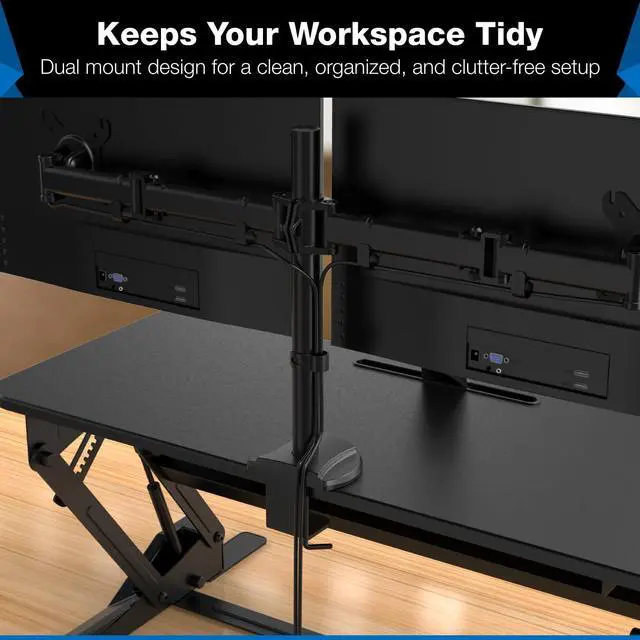 Alt view image 4 of 5 - Mount-It! Standing Desk Converter Dual Monitor, 2 Screen Mounts Included, Height Adjustable Desk Riser in Black, Stand Up Desk Convertor Large 36" Wide, Sit Stand Convertor with Manual Lift Gas Spring