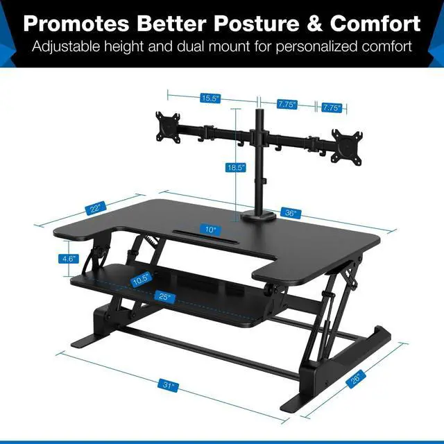 Alt view image 5 of 5 - Mount-It! Standing Desk Converter Dual Monitor, 2 Screen Mounts Included, Height Adjustable Desk Riser in Black, Stand Up Desk Convertor Large 36" Wide, Sit Stand Convertor with Manual Lift Gas Spring