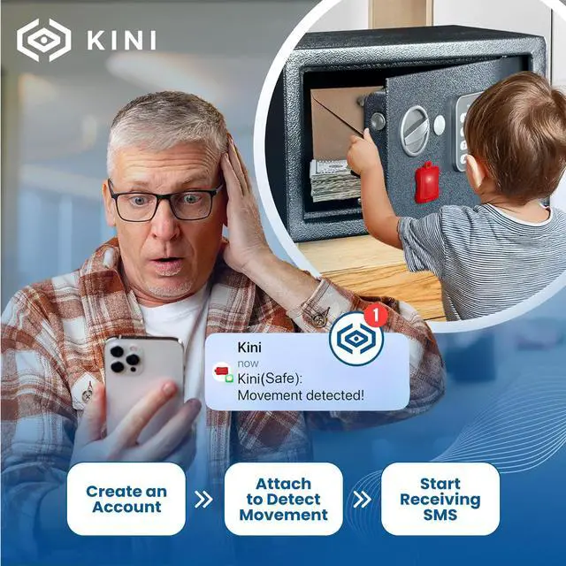 Alt view image 2 of 5 - Kini SafeAlert WiFi Motion Sensor Alarm | Real-Time SMS Notification | Wireless Motion Detector for Gun Safes, Cabinets, Home, Apartments, Office | Easy Install, No Subscription, Rechargeable Battery