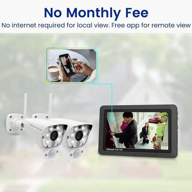 Alt view image 3 of 5 - CasaCam Deluxe Wireless Security Camera System | 2 1080p Floodlight Cameras and one 7" Touchscreen Monitor | AC Powered, Two-Way Audio, Free APP, 32GB SD Card and Battery Installed, Model VS5002