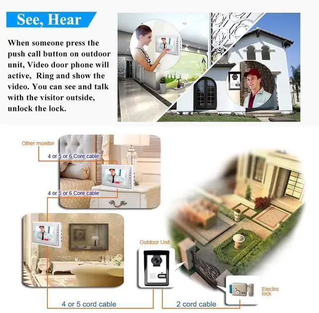 Alt view image 2 of 5 - AMOCAM Wired Video Intercom Doorbell System, 3PCS 7-Inches LCD Monitor HD Camera Video Door Phone Doorbell Kits, Support Monitoring, Unlock, Dual-Way Door Intercom, IR Night Vision, Indoor Outdoor