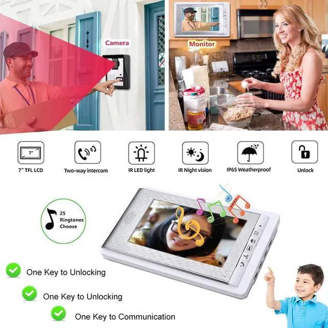 Alt view image 5 of 5 - AMOCAM Wired Video Intercom Doorbell System, 3PCS 7-Inches LCD Monitor HD Camera Video Door Phone Doorbell Kits, Support Monitoring, Unlock, Dual-Way Door Intercom, IR Night Vision, Indoor Outdoor
