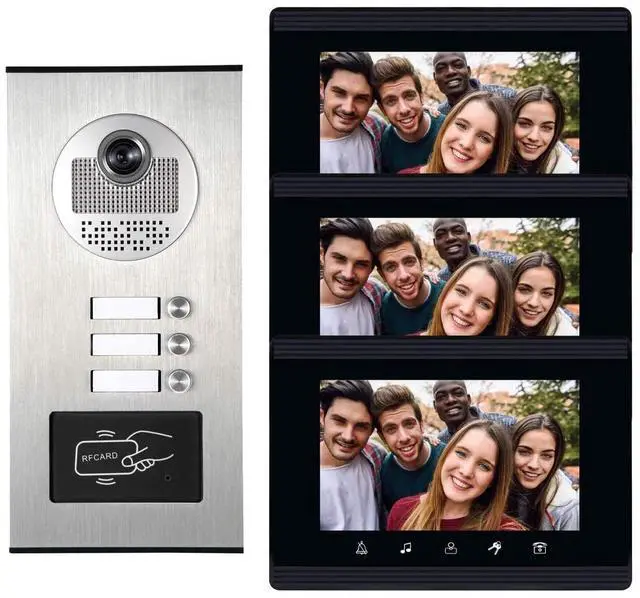 Main image of AMOCAM Upgrade Versions 3 Units Apartment Intercom System 7 inch Touch Monitor Video Door Phone Kits Support Ethernet Cable Connect, Single-Supply, ID Keyfobs Unlock for Home Apartment