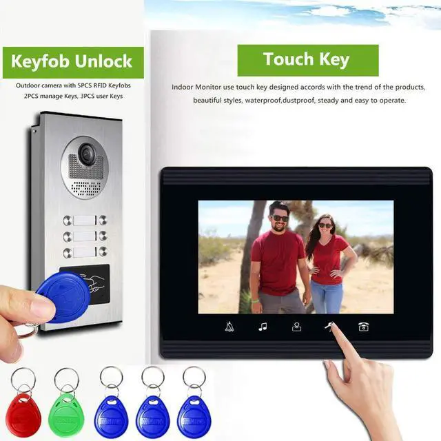 Alt view image 3 of 5 - AMOCAM Upgrade Versions 3 Units Apartment Intercom System 7 inch Touch Monitor Video Door Phone Kits Support Ethernet Cable Connect, Single-Supply, ID Keyfobs Unlock for Home Apartment