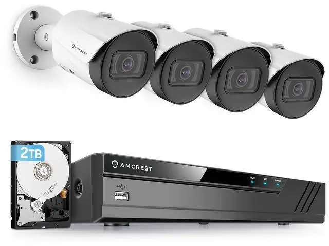 Main image of Amcrest 5MP Security Camera System, 4K 8CH PoE NVR, (4) x 5-Megapixel 2.8mm Wide Angle Lens Weatherproof Metal Bullet POE IP Cameras, Pre-Installed 2TB Hard Drive, NV4108E-IP5M-B1186EW4-2TB (White)