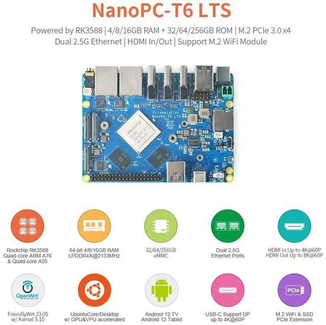 Alt view image 5 of 5 - youyeetoo FriendlyElec NanoPC-T6 LTS SBC Powered by Rockchip RK3588 Dual 2.5G Ethernet 4K+ HDMI in/Out Mini pc Runs on Debian, Android TV & Travel router Runs on FriendlyWrt, Openwrt (4+32 Version)