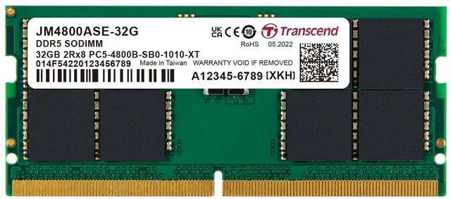 Main image of Transcend 32GB DDR5 4800MHz SO-DIMM Laptop RAM, Compatible w/HP Lenovo Dell ASUS Acer Computer Memory, On-die ECC Notebook Module Upgrade, 2Rx8, 1.1V PC5-38400 CL40, Unbuffered 262-Pin - JM4800ASE-32G