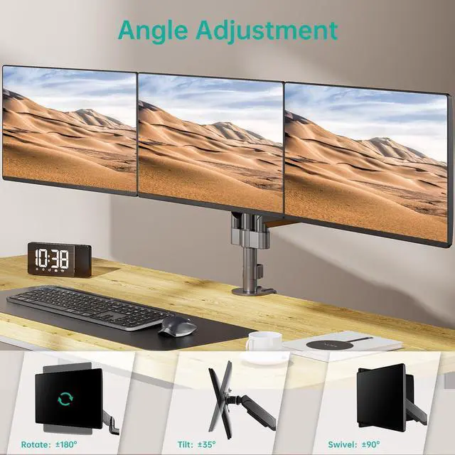 Alt view image 5 of 5 - WALI Triple Monitor Mount for 13-27 inch Screens, Adjustable 3 Monitors Desk Mount with Swivel, Tilt, Clamp & Grommet Kit, Gas Spring Arm Triple Monitor Stand, VESA 75x75/100x100mm (GSDM003), Black