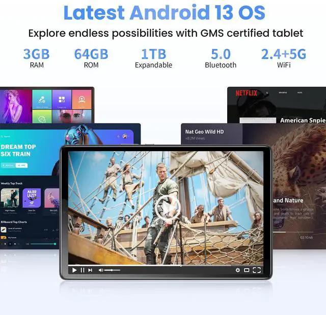 Alt view image 3 of 5 - Topsand Latest Android 13 Tablet, 10.1 Inch Tablet with 2.0 GHz Quad-Core Processor, 64GB ROM, 1TB Expandable, Dual Auto Focus Camera with Face ID Unlock, GPS, Parental Control, 2.4G & 5G WiFi Tableta