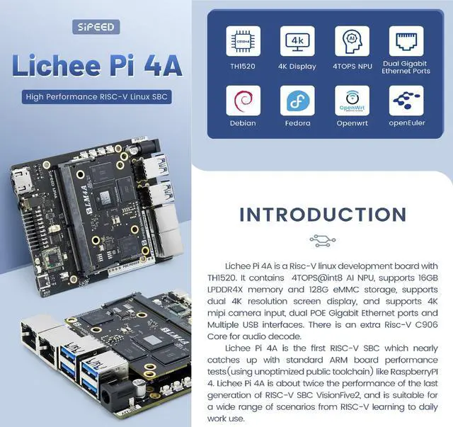 Alt view image 3 of 5 - youyeetoo Licheepi 4A RISC-V Single Board Computer - RISC-V Laptop CPU TH1520 @ 2.0 GHz - 4 TOPS @ INT8 (1GHz)- 8GB/16GB RAM- 32GB/128GB eMMC (Pi 4A 8+32GB)