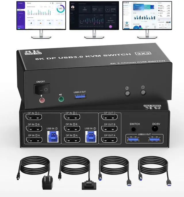 Main image of DisplayPort KVM Switch Triple Monitor 8K DP for 2 Computers Share 3 Monitors 1 Set Keyboard Mouse Printer Flash Disk PC Extended Display 8K@60Hz 4K@120Hz with 3 USB3.0 Port Remotely Swtich Controller