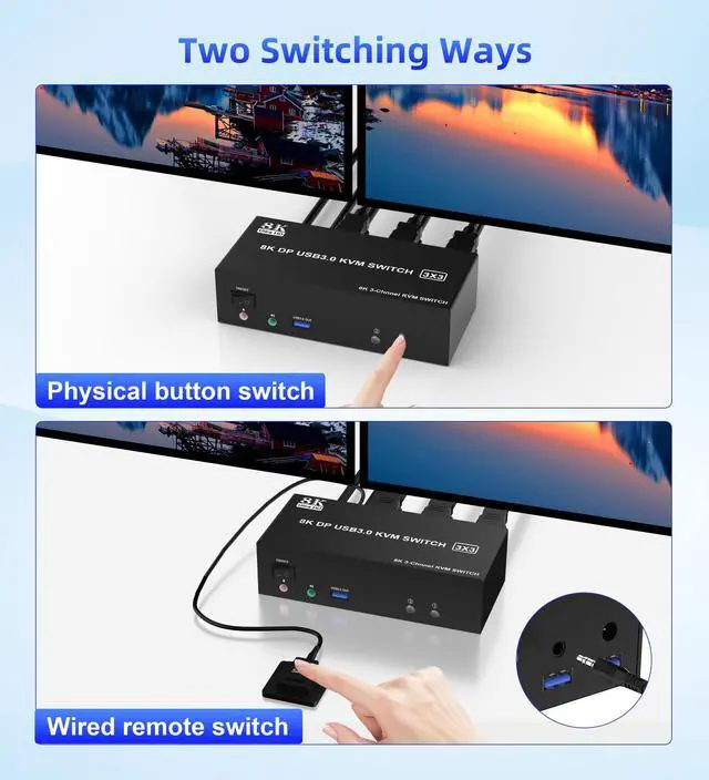 Alt view image 5 of 5 - DisplayPort KVM Switch Triple Monitor 8K DP for 2 Computers Share 3 Monitors 1 Set Keyboard Mouse Printer Flash Disk PC Extended Display 8K@60Hz 4K@120Hz with 3 USB3.0 Port Remotely Swtich Controller
