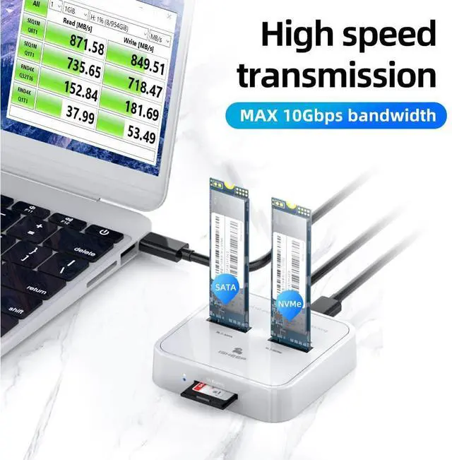 Alt view image 2 of 5 - ISHEEP H016SD NVMe SATA M.2 Dual Bay Docking Station for SATA & NVMe M.2 SSD Reader Enclosure, Support Size 2280 2260 2242 2230 M.2 SSDs