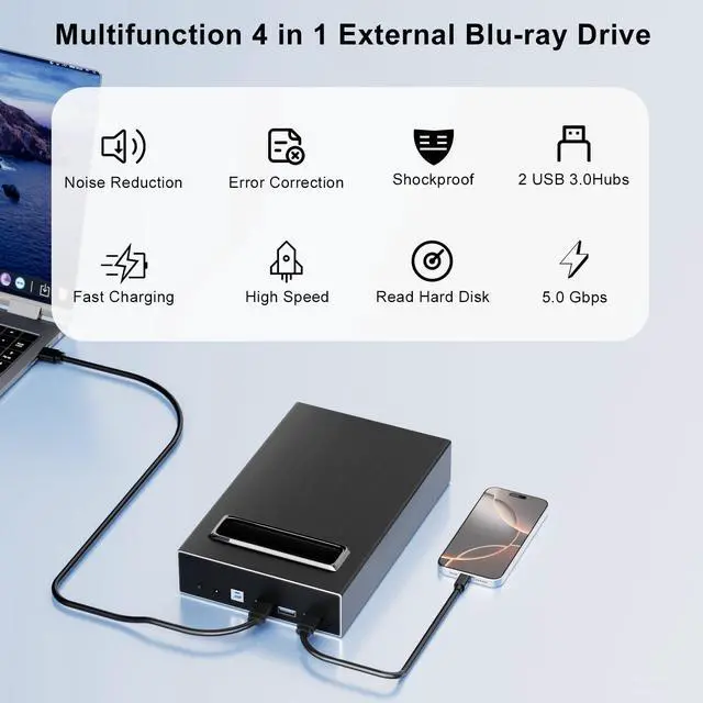 Alt view image 2 of 5 - MthsTec 4 in 1 External Bluray Drive, 16X USB 3.0 and Type-C Powerful Desktop External Bluray Drive Burner DVD Burner Optical Drive Charger HDD Enclosure USB HUB for Mac/PC