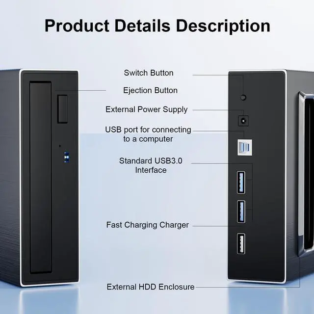 Alt view image 5 of 5 - MthsTec 4 in 1 External Bluray Drive, 16X USB 3.0 and Type-C Powerful Desktop External Bluray Drive Burner DVD Burner Optical Drive Charger HDD Enclosure USB HUB for Mac/PC