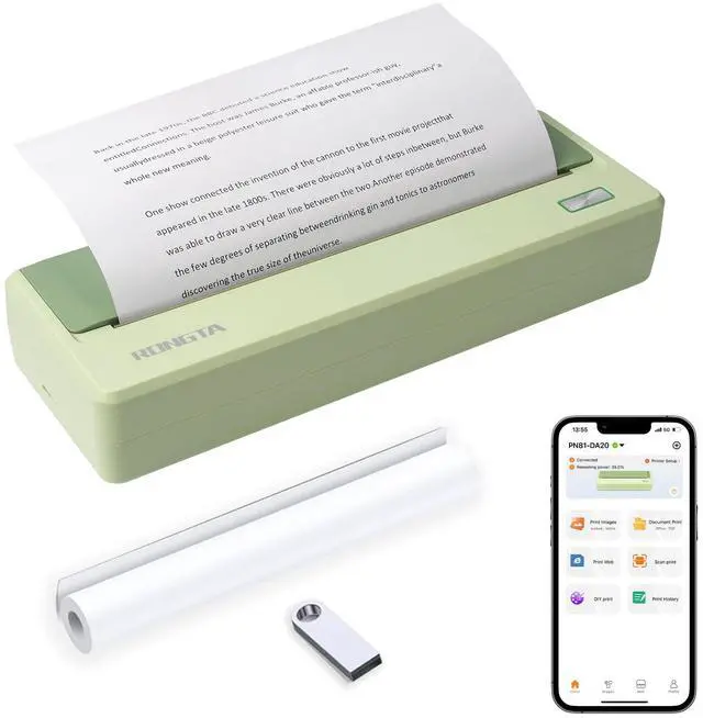 Main image of Rongta Portable Printer Wireless for Travel, 300DPI Thermal Inkless Bluetooth Mobile Printer, Support 8.5" X 11" US Letter, Compatible with Android iOS Phone & Laptops (Green)