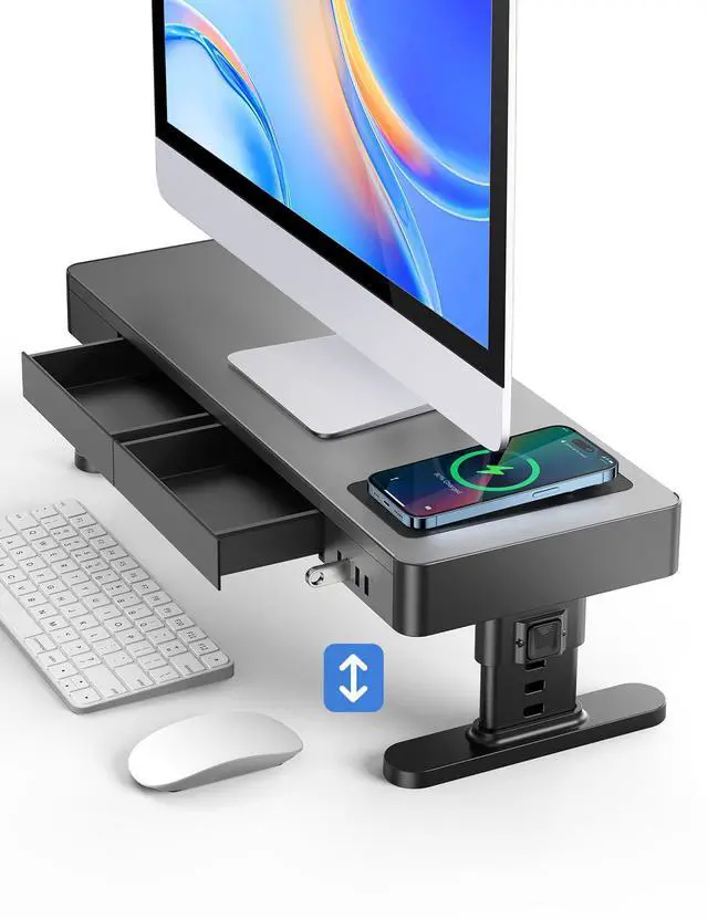 Main image of meatanty Monitor Stand Heights Adjustable, Computer Riser with Auto Phone Charger, 4 USB Ports Hub and Drawer Storage, Metal Desktop Organizer Lifter Shelf for PC Screen Studio Display Office Gaming